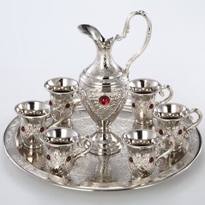 ARSAL ZemZem Made in Turkey Silver Color ZamZam Tea Set Pitcher Carafe 6 Cups